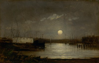 Namnlös måne över en hamn, kajscen med fullmåne och master av båtar, ca. 1868. av Edward Mitchell Bannister