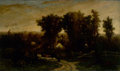 Namnlös kvinna med boskap och får i skymningen, n.d. av Edward Mitchell Bannister