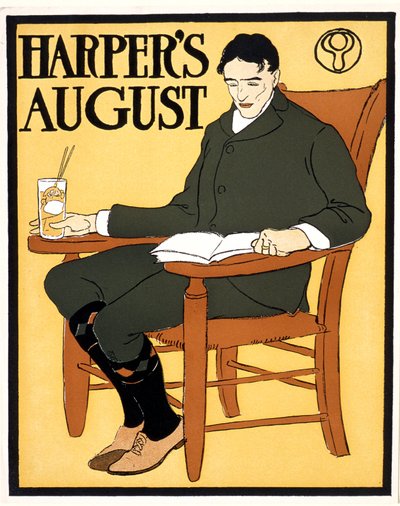 Man sittande i orange stol, hos August Harper av Edward Penfield