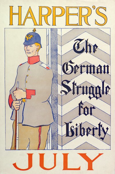 Affisch som annonserar Harpers New Monthly Magazine, juli 1895 (färglitografi) av Edward Penfield