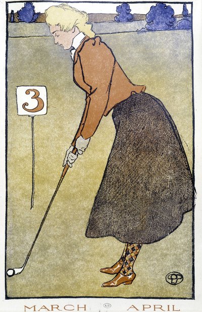 Kvinna som spelar golf - i "" Golfkalender"" av Edward Penfield av Edward Penfield
