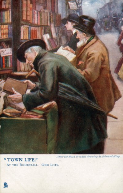 Town Life: kunder som surfar i ett bokstånd (litho i färg) av Edward R. King