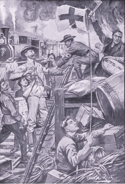 Falsk ambulansman förstör butiker vid Komati Foort under täckmantel av Röda Korsets flagga, illustration från After Pretoria: The Guerilla War, 1902 av Edward Read