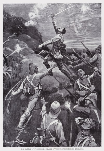Slaget vid Stormberg, laddning av Northumberland Fusiliers (litho) av Edward Read