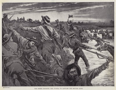 Boerna korsar Tugela för att fånga de brittiska kanonerna (litho) av Edward Read