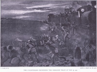 Coldstreams försvarar ett urspårat tåg, illustration från After Pretoria: The Guerilla War, 1902 av Edward Read