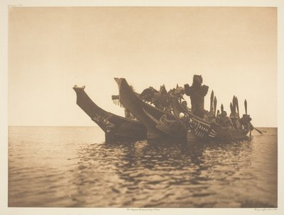 Maskerade dansare i kanoter-Qagyuhl A av Edward S. Curtis