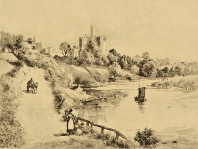 The Coquet: Warkworth Castle från vägen till Amble, ca 1880 (etsning) av Edward Slocombe