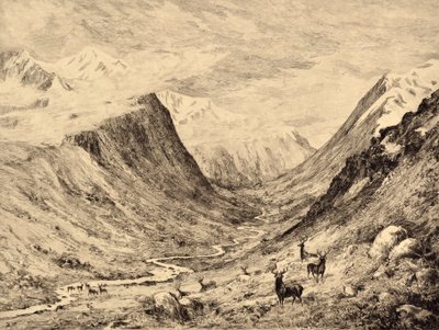 The Highland Dee: Meeting of Garchary och Larig Burns, ca 1880 (etsning) av Edward Slocombe