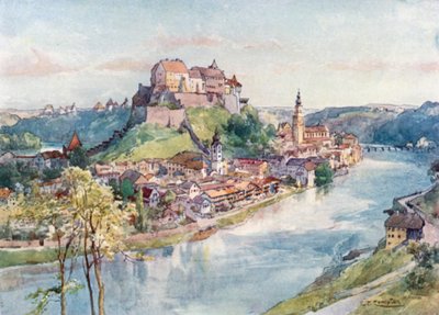 Burghausen vid Salzach (färglitografi) av Edward Theodore Compton