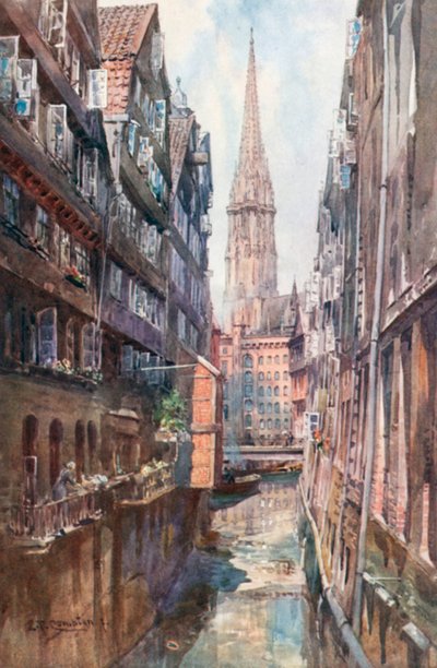 Hamburg - Stecklbornfleth, Nicolai kyrka (färglitografi) av Edward Theodore Compton