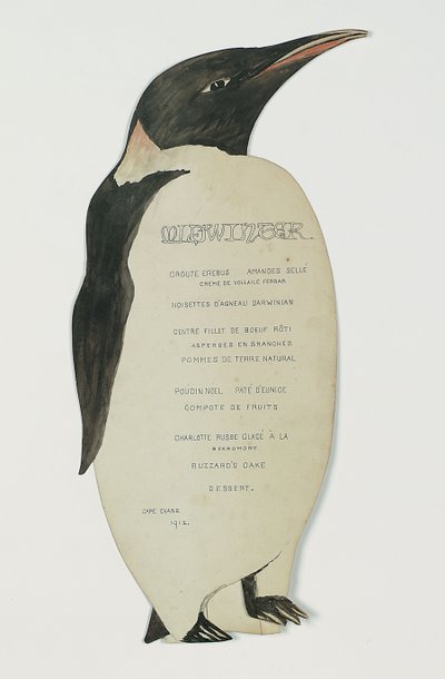 Meny i form på en kejsarpingvin, för midvinterdagsmiddagen, Cape Evans, 22 juni 1912 (penna & gouache på kort) av Edward W. Nelson