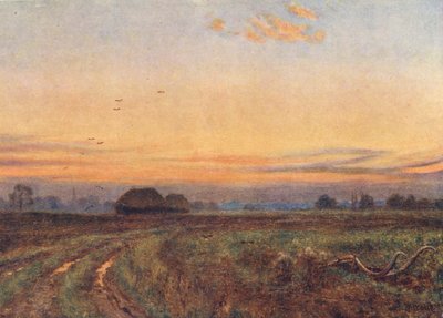 Solen går ner ... ... Jorden vänder som ett trött barn sitt ansikte mot nattens sköte (färglitografi) av Edward Wilkins Waite