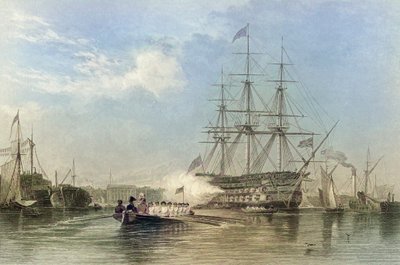 Brittiska flottans flaggskepp hälsar i Gosfords hamn, England. 1800-talet (gravyr) av Edward William (after) Cooke
