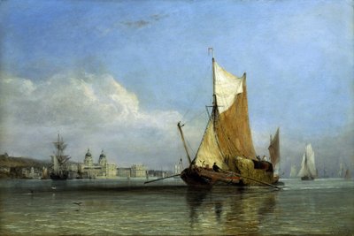 En pråm full med hö utanför Greenwich, på Themsen (England), en typ av båt med platt botten, praktisk för att komma in i bäckarna i Suffolk och Margate gårdarna, gick fram och tillbaka till hjärtat av London för att leverera hö till hundratals hästar i huv av Edward William Cooke