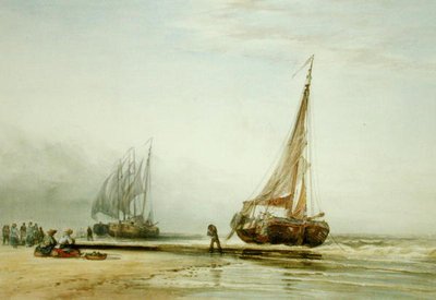 Holländska fiskebåtar på stranden med grupper av fiskare av Edward William Cooke