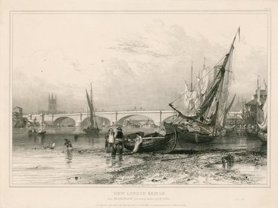 New London Bridge, från Billingsgate (lågvatten), ritad 31 juli 1832 av Edward William Cooke