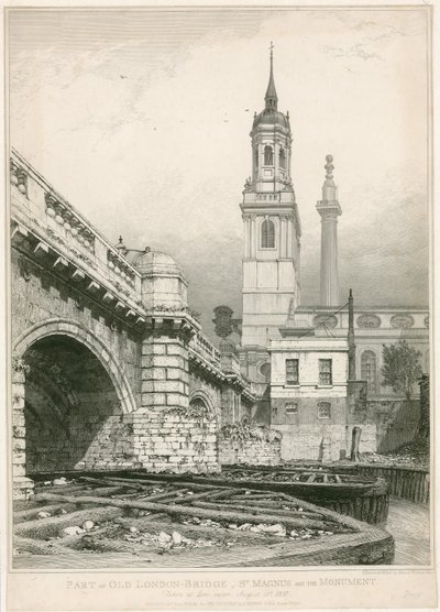 En del av Old London Bridge, St Magnus och monumentet av Edward William Cooke