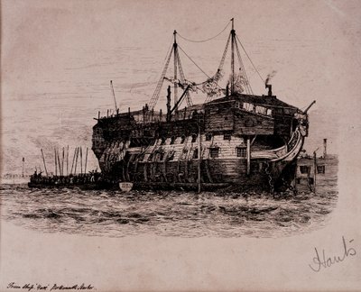 Fängelsefartyget "York" i Portsmouths hamn av Edward William Cooke