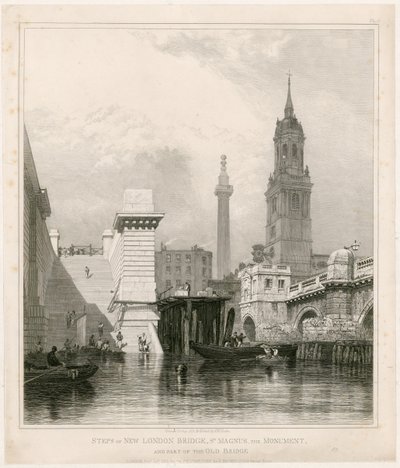 Steps of New London Bridge, St Magnus, monumentet och en del av Old Bridge av Edward William Cooke