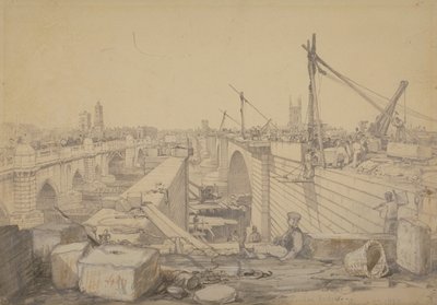 Konstruktionen av London Bridge, 1830 av Edward William Cooke