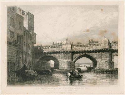 Southwark End av Old London Bridge av Edward William Cooke