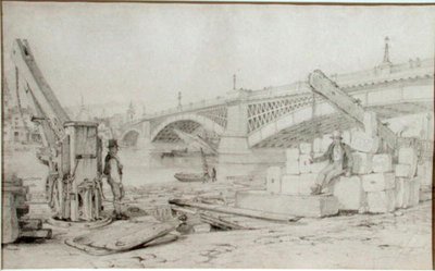 Utsikt över Southwark Bridge och Themsen från Bankside, med två borrtorn i förgrunden av Edward William Cooke
