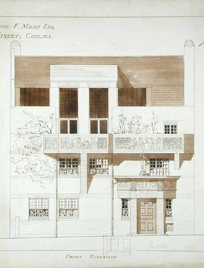 Fronthöjd av studio och hus för Frank Miles (1852-91), Tite Street, Chelsea, 1878-79 (penna, bläck och tvätt på papper) (se även 176481-483, 176485) av Edward William Godwin