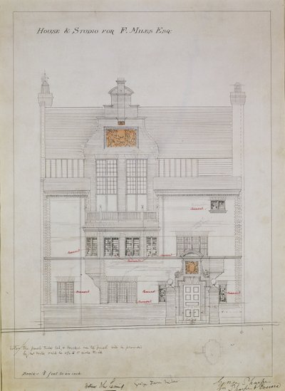 Arbetsritning för House and Studio för F. Miles Esq, Tite Street, Chelsea, 1878-79 (wc och penna på papper) (se även 176481, 176483-485) av Edward William Godwin