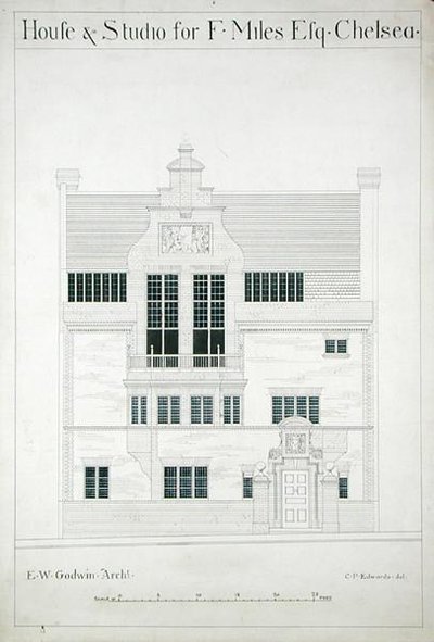 Hus och studio för F. Miles Esq, Chelsea, graverade av C.P. Edwards (se även 176482-485) av Edward William after Godwin