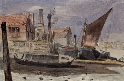 Battersea, flodstranden med båtar av Edward attr. to Bragg
