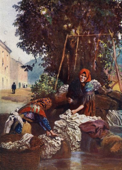Korsika: Kvinna tvättar linne (färg litho) av Edwin Arthur Norbury
