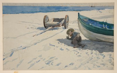 Strandscen med man som vilar i skuggan av båt av Edwin Austin Abbey