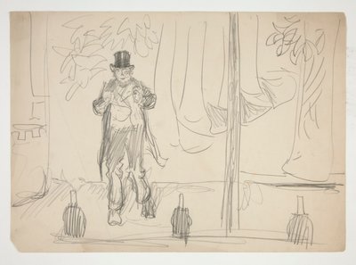 Tecknad film av en skådespelare på scenen(?) - oidentifierad illustration av Edwin Austin Abbey