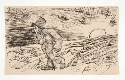 Tecknad av figur som går vid soluppgången. studera inför av Edwin Austin Abbey