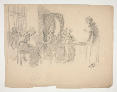 Tidig studie för Stony Ground 1884, interiör med figurer av Edwin Austin Abbey