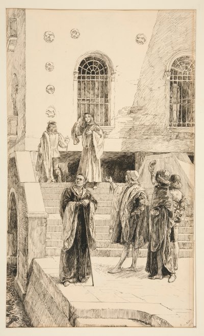 Exuent Salarino och Salanio, från akt I, Scene i, Merchant of Venice av Edwin Austin Abbey