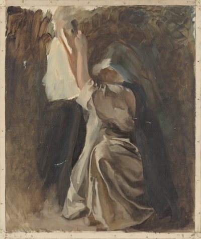 Figurstudie av en nunna, för Galahads barndom, i The Quest and Achievement of the Holy Grail, Book Delivery Room, Boston Public Library av Edwin Austin Abbey