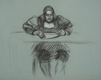 Figur för rättegången mot drottning Katherine. kontorist vid skrivbordet av Edwin Austin Abbey