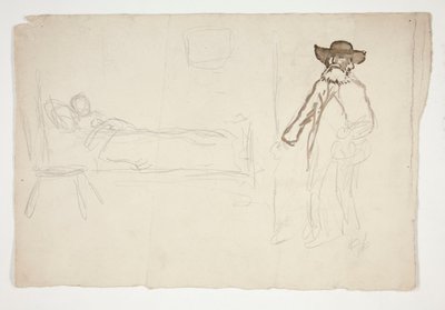 Figur i sängen, man som går in i rum - oidentifierad illustration av Edwin Austin Abbey