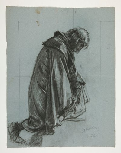 Figurstudie för Sir Lancelot och Sir Bors outfit Galahad med hans sporrar, från The Quest of the Holy Grail (andra i en serie av femton målningar för Boston Public Library, färdigställd 1901) av Edwin Austin Abbey