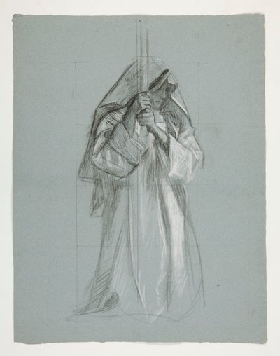 Figurstudie för Sir Lancelot och Sir Bors outfit Galahad med hans sporrar, från The Quest of the Holy Grail (andra i en serie av femton målningar för Boston Public Library, färdigställd 1901) av Edwin Austin Abbey