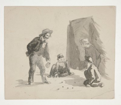Fyra pojkar som spelar kulor (recto); Oidentifierad illustration av pojken vid staffli i interiören (verso) av Edwin Austin Abbey