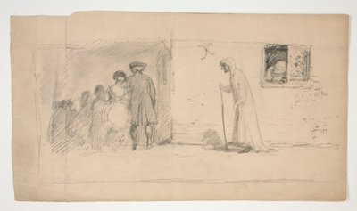 Grupp av figurer utanför stenhus - oidentifierad illustration av Edwin Austin Abbey