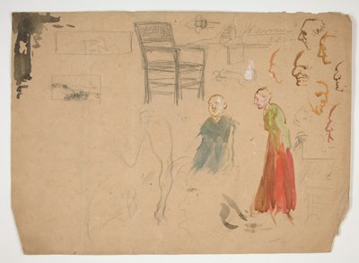 Huvud- och figurstudier och studie av en stol (recto); Skisser för bokillustrationer (verso) av Edwin Austin Abbey