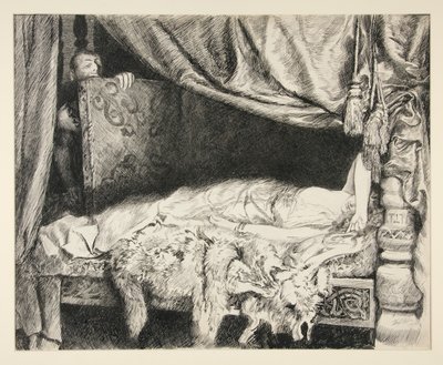 Iachimo stjäl från stammen - Akt II, Scene II, Cymbeline av Edwin Austin Abbey