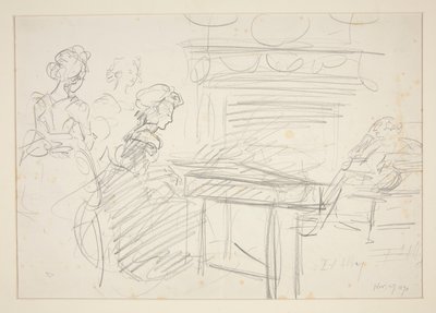 Interiör scen: kvinna vid piano och familj - oidentifierad illustration av Edwin Austin Abbey