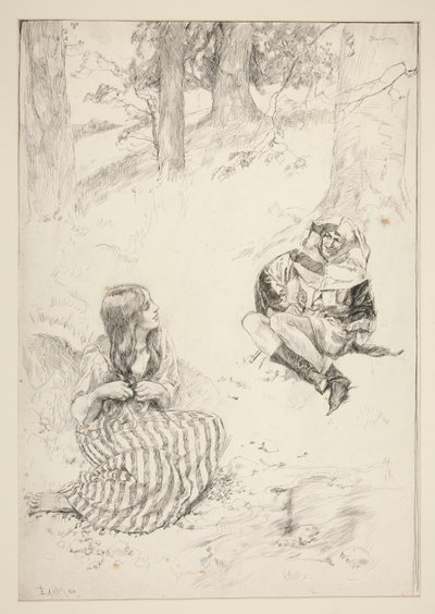 Gycklare och kvinna, sketch för påskliljasången av Edwin Austin Abbey