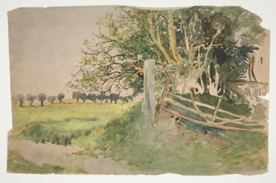 Landskap med träd och trasigt staket av Edwin Austin Abbey