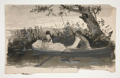 Man och kvinna i roddbåt, nära flodstranden - oidentifierad illustration av Edwin Austin Abbey